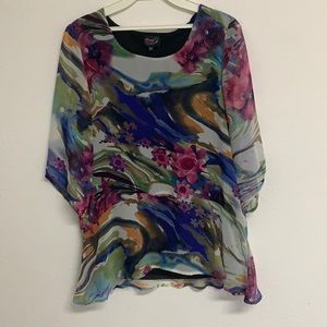 Mango Tango long sleeve colorful flower blouse